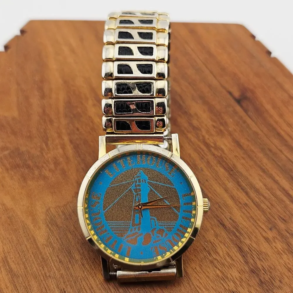 Lite House Novelty Dial Watch Gold Tone Vintage Stretch Pull On Great Lakes